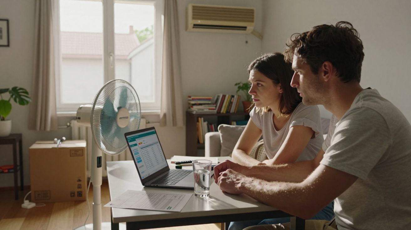 Casal sentado a analisar contas num computador portátil numa sala com ventilador ligado.