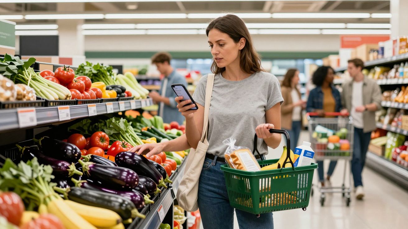 Mulher jovem a usar telemóvel enquanto escolhe legumes num supermercado com um cesto de compras na mão.