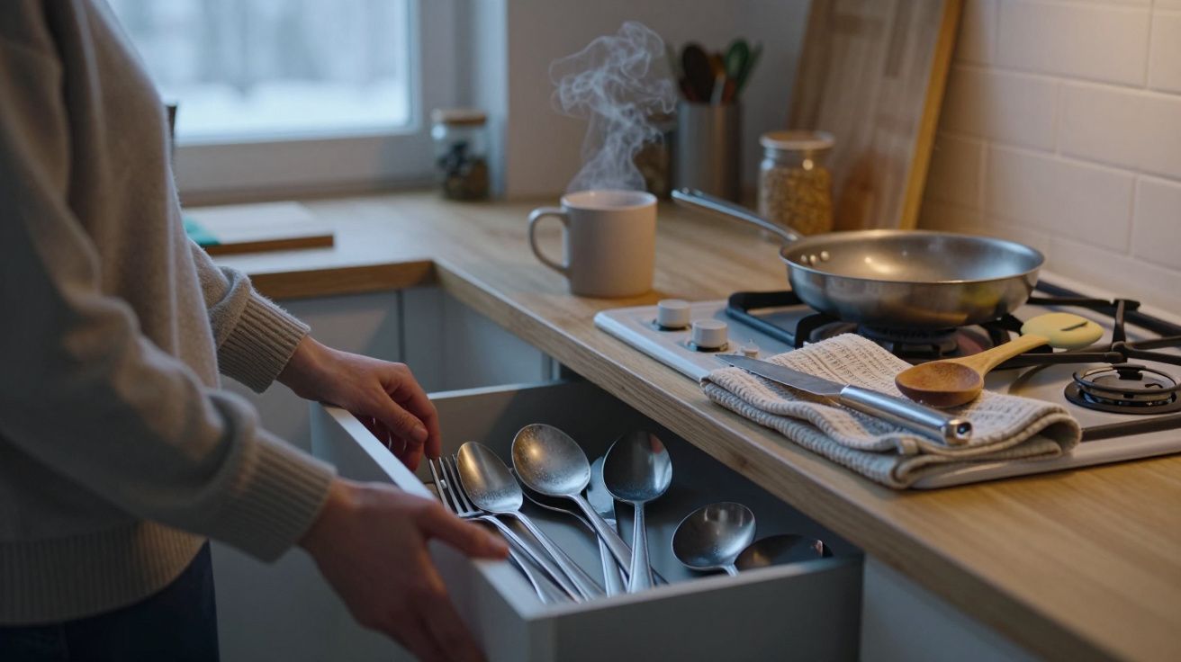 Pessoa a abrir gaveta com talheres numa cozinha com fogão e chávena a vapor no balcão.