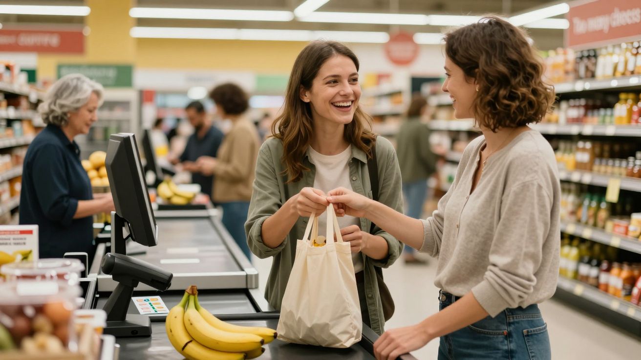 Duas mulheres felizes a trocar uma sacola reutilizável num supermercado junto à caixa com bananas.