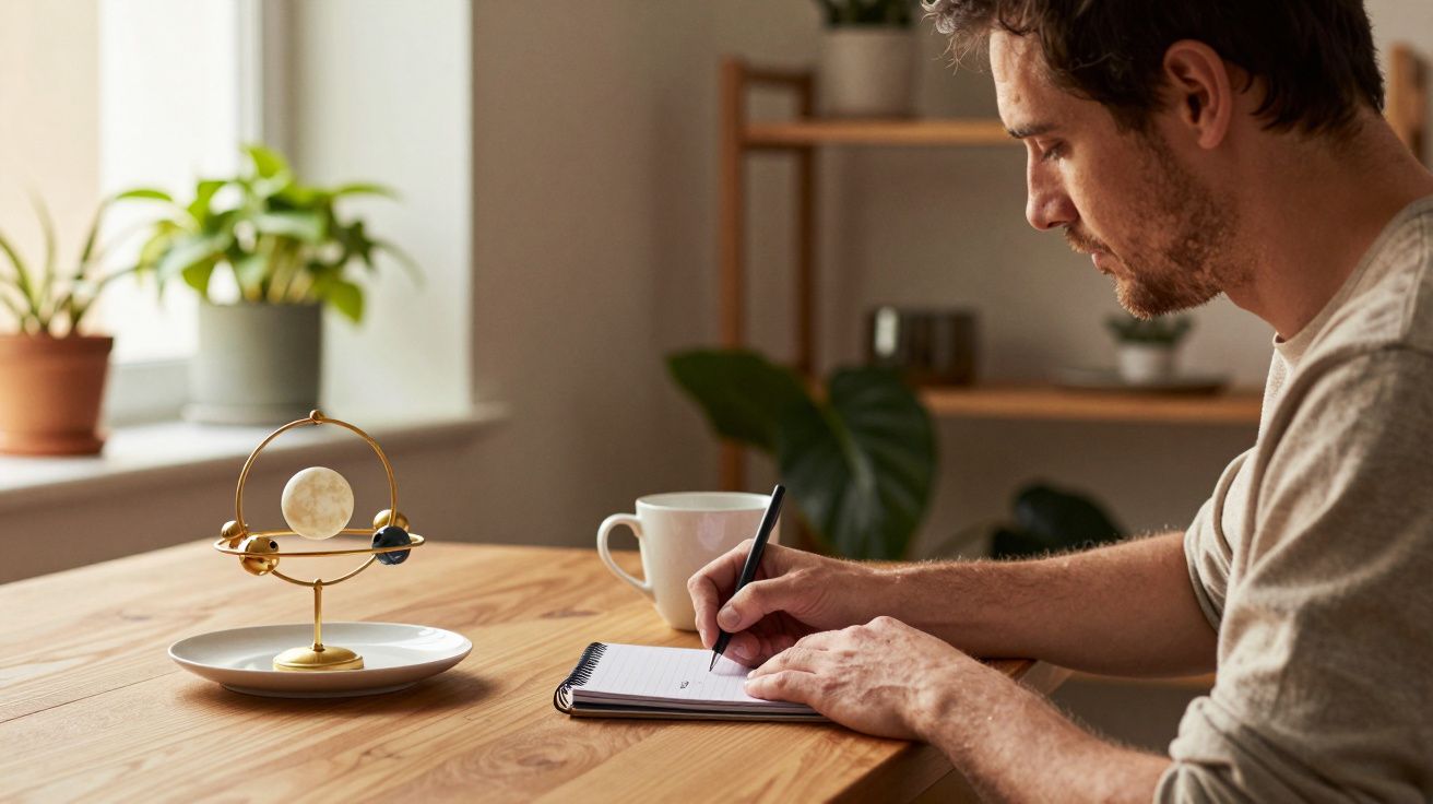 Homem a escrever num caderno num ambiente interior com plantas e modelo do sistema solar na mesa.