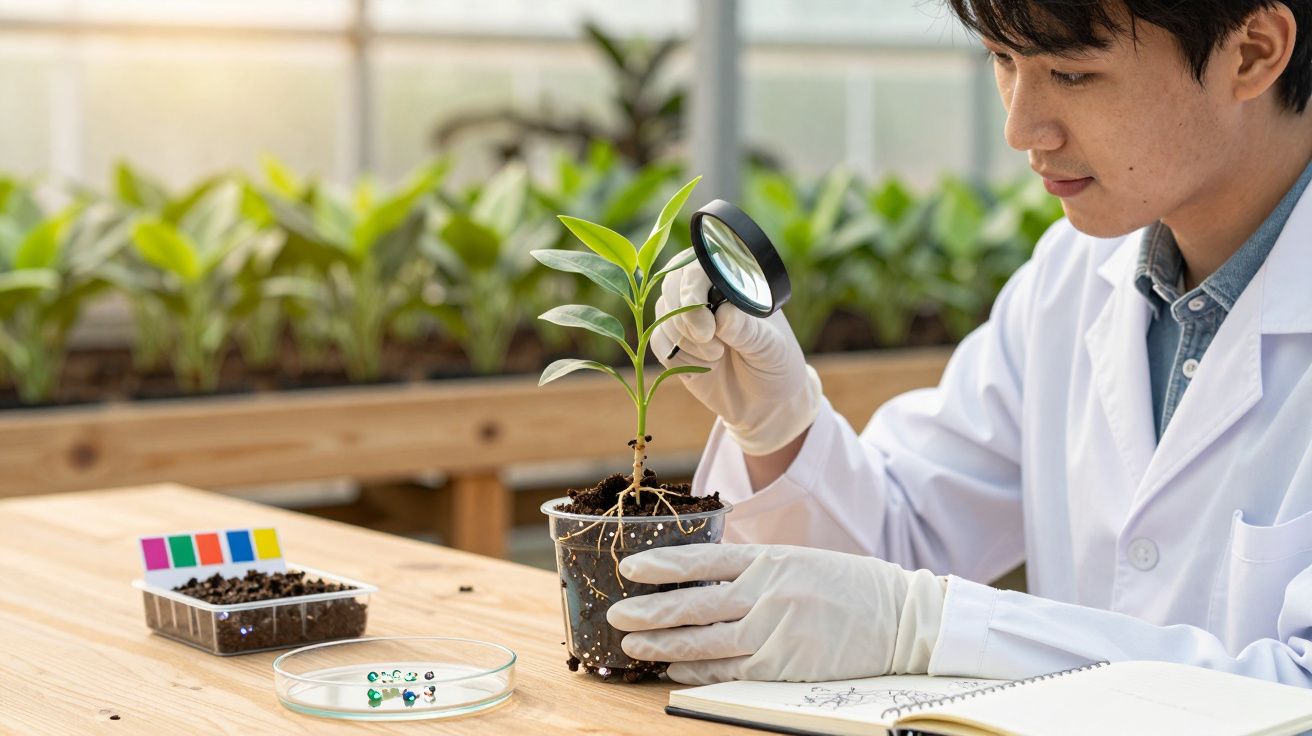 Cientista com bata branca examina planta em vaso transparente com lupa num laboratório de botânica.