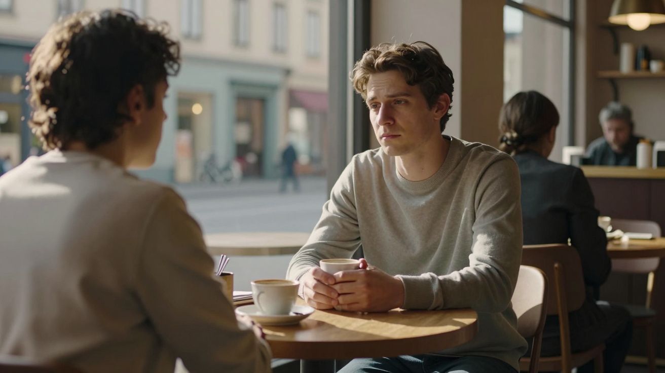 Dois homens sentados numa mesa de café, um parece preocupado enquanto segura uma chávena.