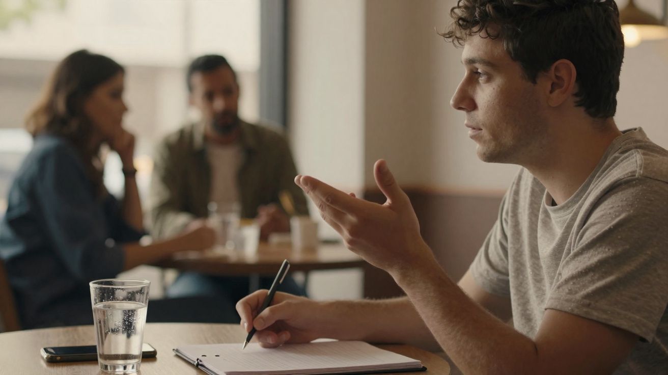 Homem a discutir e a escrever num caderno numa mesa de café, casal ao fundo em conversa.