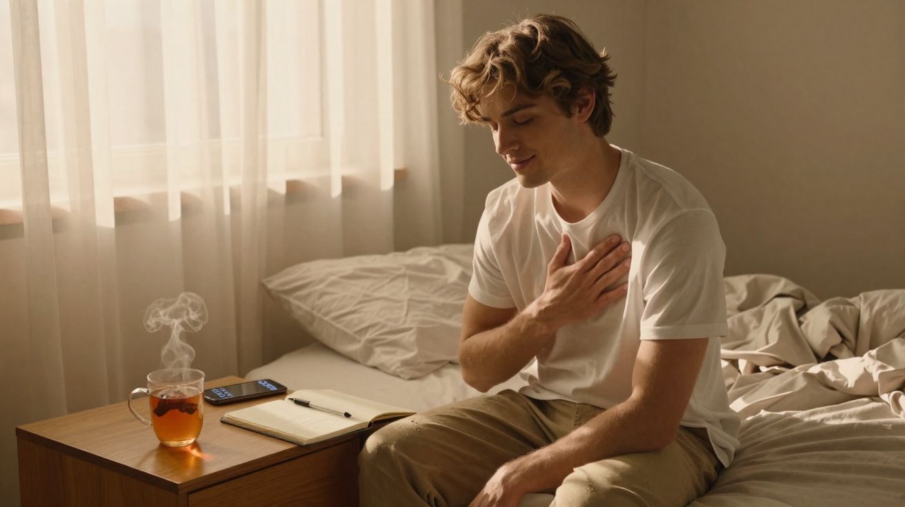 Jovem sentado na cama toca o peito com uma mão, ao lado chá quente, caderno e telefone sobre mesa.