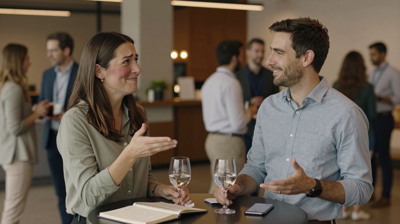 Homem e mulher conversam animadamente com copos de vinho numa mesa alta num ambiente social.