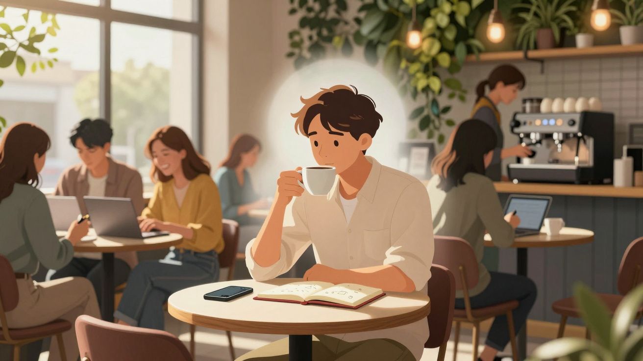 Jovem sentado num café, a beber café, com caderno aberto e telemóvel na mesa, ambiente calmo e iluminado.