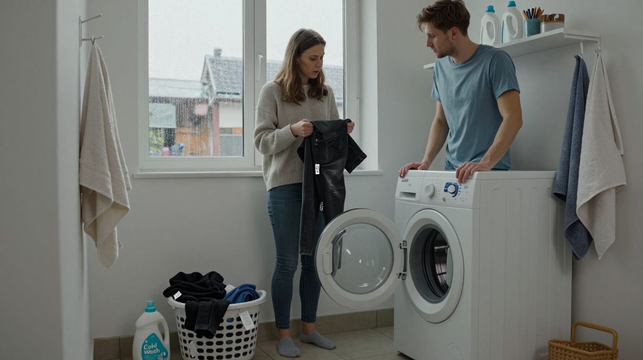 Casal a discutir sobre roupa junto à máquina de lavar roupa numa lavandaria doméstica.