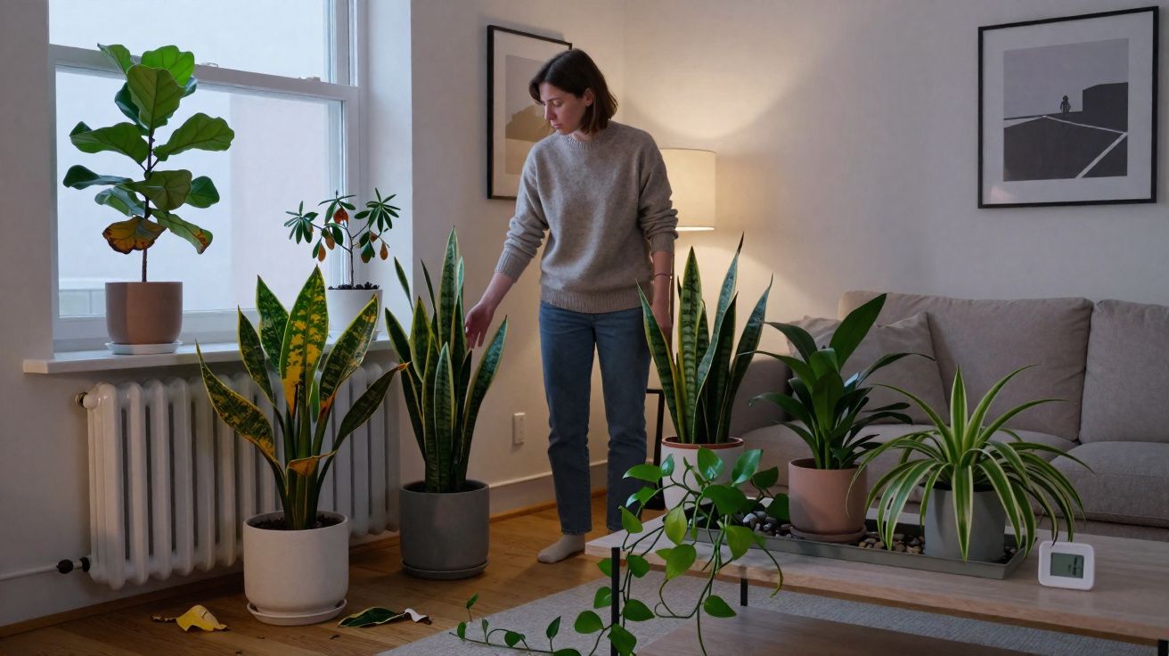 Mulher numa sala com várias plantas em vasos, ao lado de uma janela e um sofá cinzento.