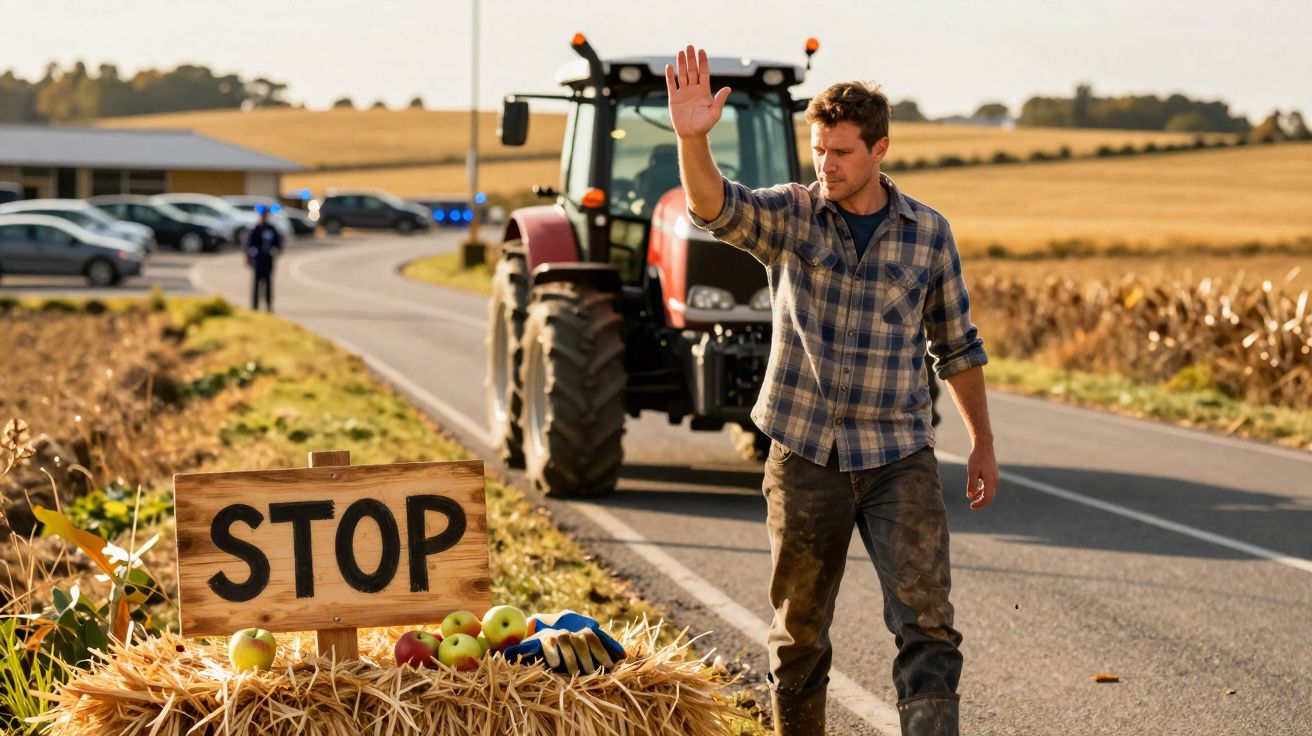 Homem na estrada rural a sinalizar com a mão ao lado de trator e placa de madeira com a palavra "STOP".