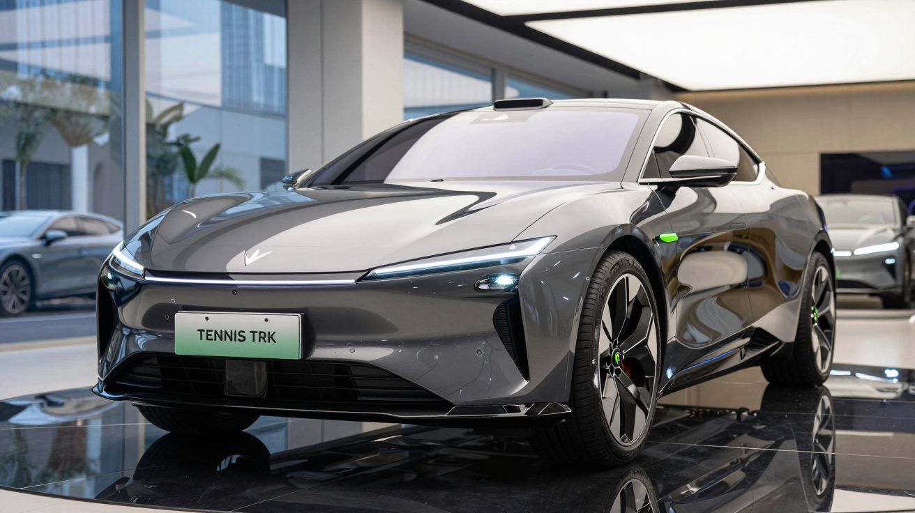 Carro elétrico desportivo cinza escuro com design futurista e faróis LED em exposição num showroom moderno.