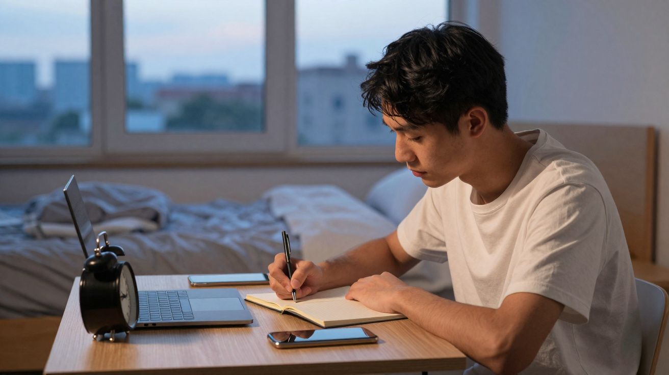 Jovem a estudar num quarto, a escrever num caderno com computador portátil e telemóvel à sua frente.