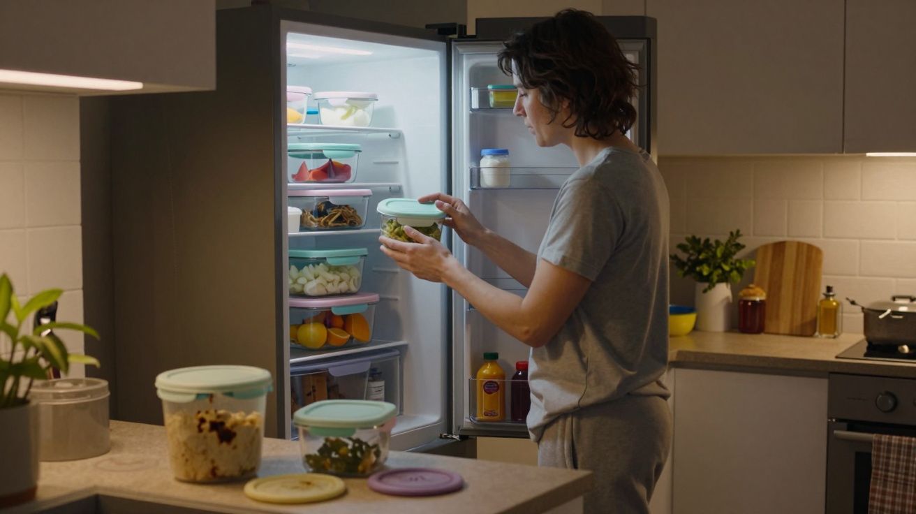 Pessoa de pijama a colocar um recipiente com comida na porta de frigorífico aberto numa cozinha iluminada.