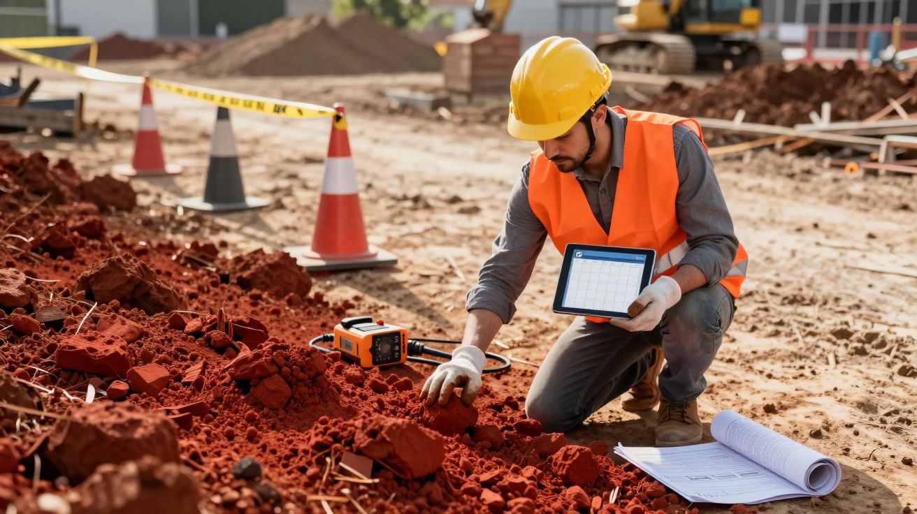 Engenheiro com capacete e colete reflete em obra, segurando tablet e examinando solo vermelho.