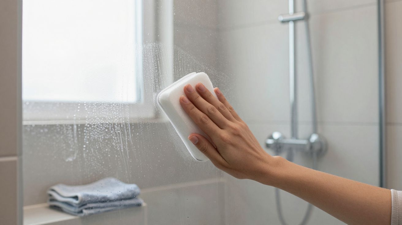 Mão a limpar um espelho de casa de banho com uma esponja branca, com toalhas dobradas ao fundo.