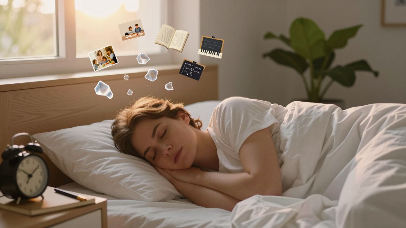 Pessoa a dormir na cama com objetos e imagens flutuando a representar sonhos.