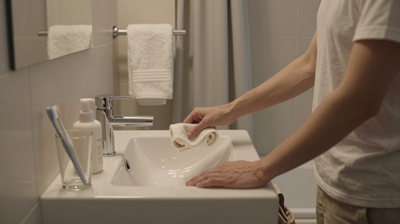 Pessoa a limpar a pia da casa de banho com um pano branco.