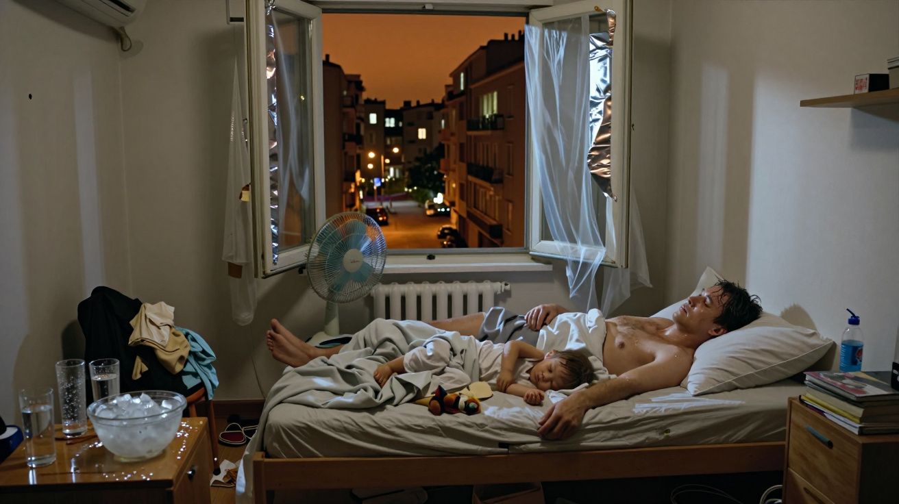 Homem e criança dormem juntos numa cama numa divisão com janela aberta para a rua à noite, em ambiente aconchegante.