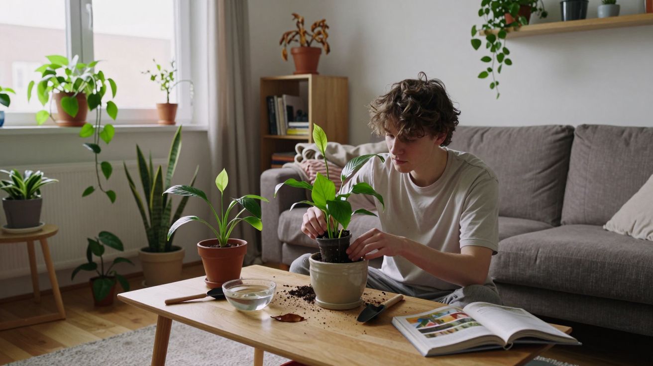 Jovem transplantando planta em vaso numa sala com sofá, mesa de madeira e várias plantas ao redor.