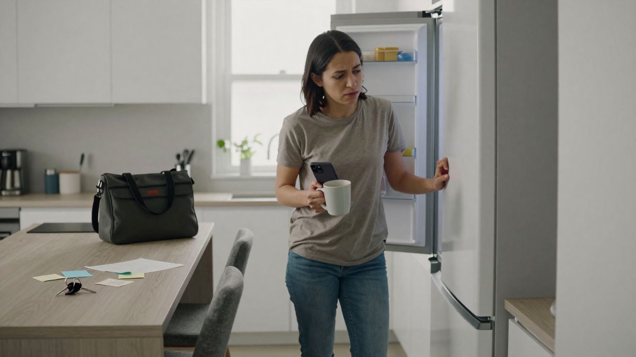 Mulher preocupada abre frigorífico vazio na cozinha moderna, segurando telemóvel e caneca na mão.