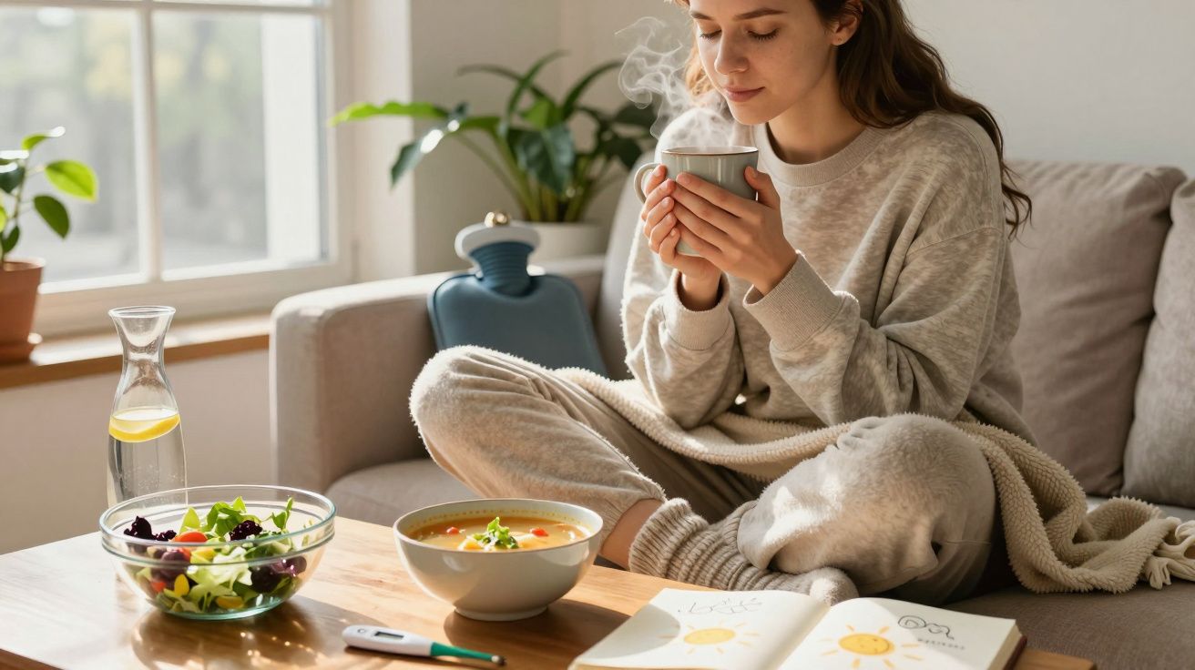 Mulher sentada no sofá a beber bebida quente, com comida, termómetro e caderno numa mesa à frente.