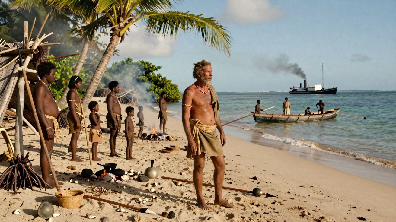 Grupo de indígenas na praia observando um barco antigo com fumo no mar ao fundo.