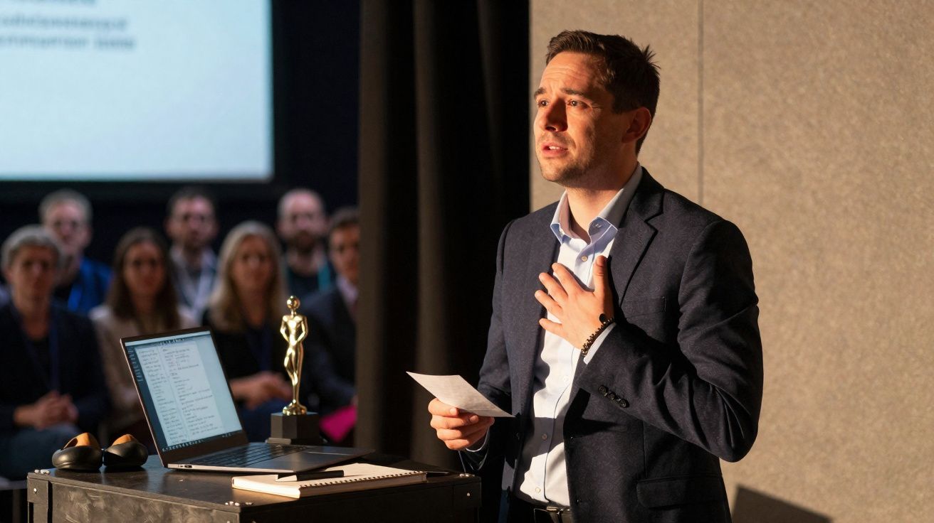 Homem em fato a discursar emocionado num evento, com laptop e troféu num pódio ao lado.
