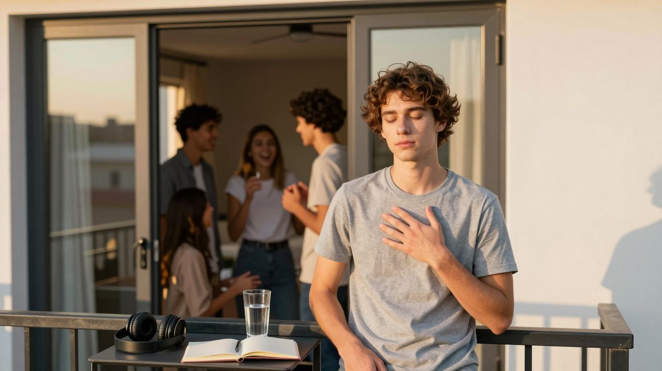 Jovem com olhos fechados a meditar no terraço, com grupo de amigos a conversar ao fundo.