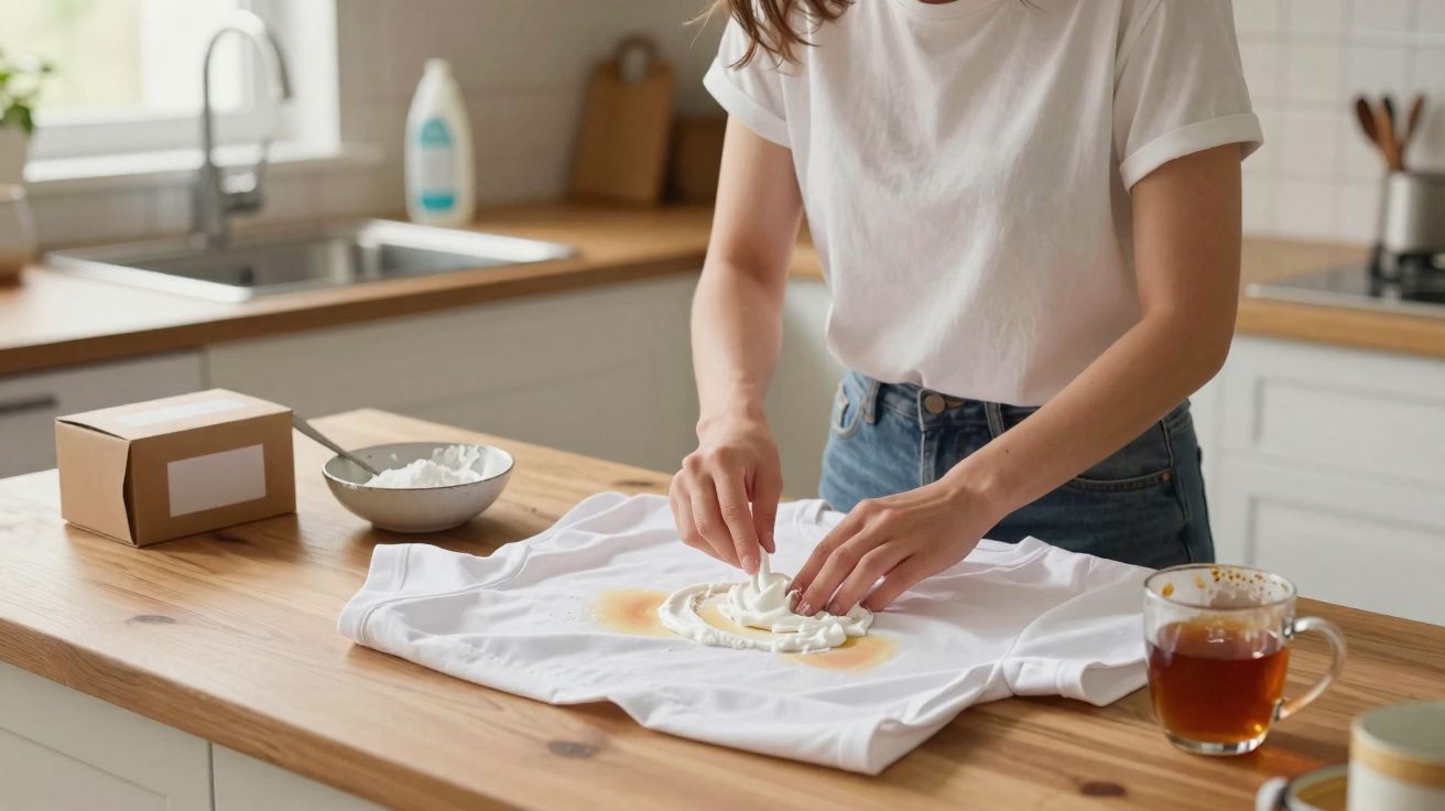 Pessoa a limpar nódoa de camisa branca com produto de limpeza numa bancada de cozinha.
