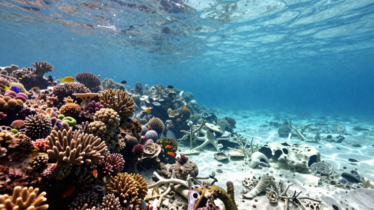 Reef de coral subaquático com peixes coloridos em água clara e fundo arenoso.