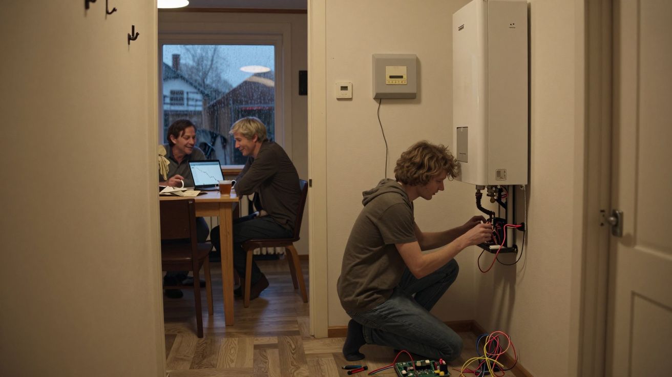 Jovem técnico a reparar um aquecedor enquanto duas pessoas conversam ao fundo numa cozinha iluminada.