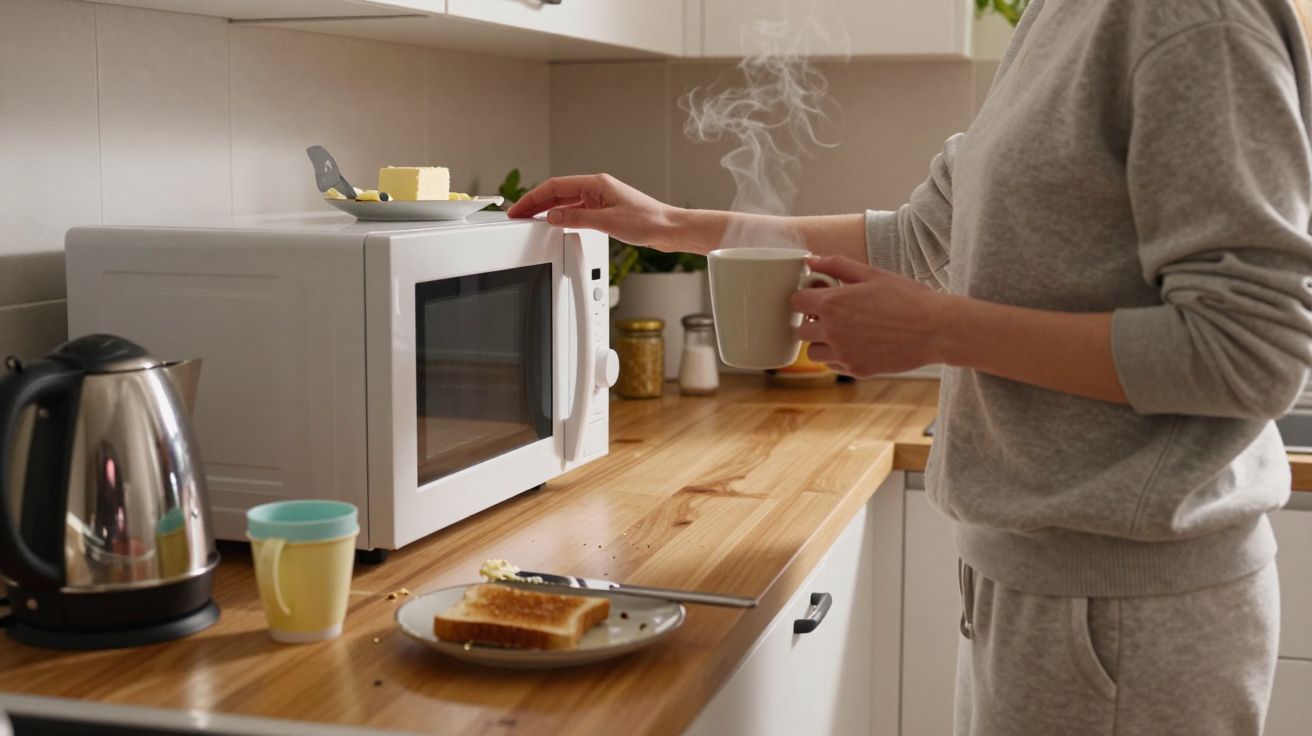 Pessoa a segurar chávena fumegante junto a micro-ondas numa cozinha com torrada e jarro elétrico na bancada.
