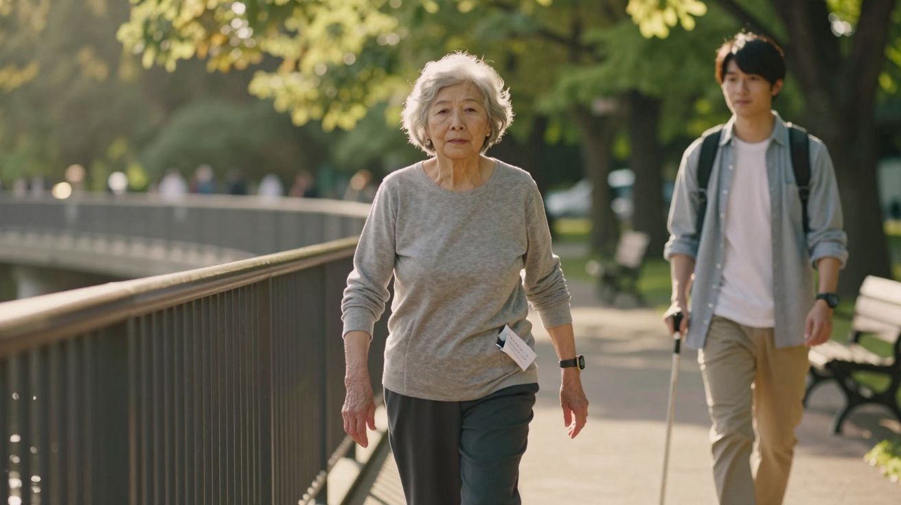 Mulher idosa a caminhar num passeio junto a um parque, com homem jovem a segui-la ao fundo.