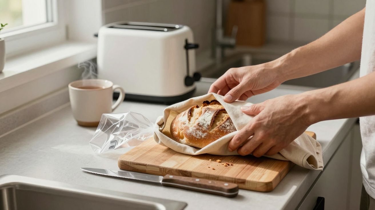 Pessoa a embrulhar pão caseiro numa cozinha luminosa, com chávena, torradeira e faca na bancada.