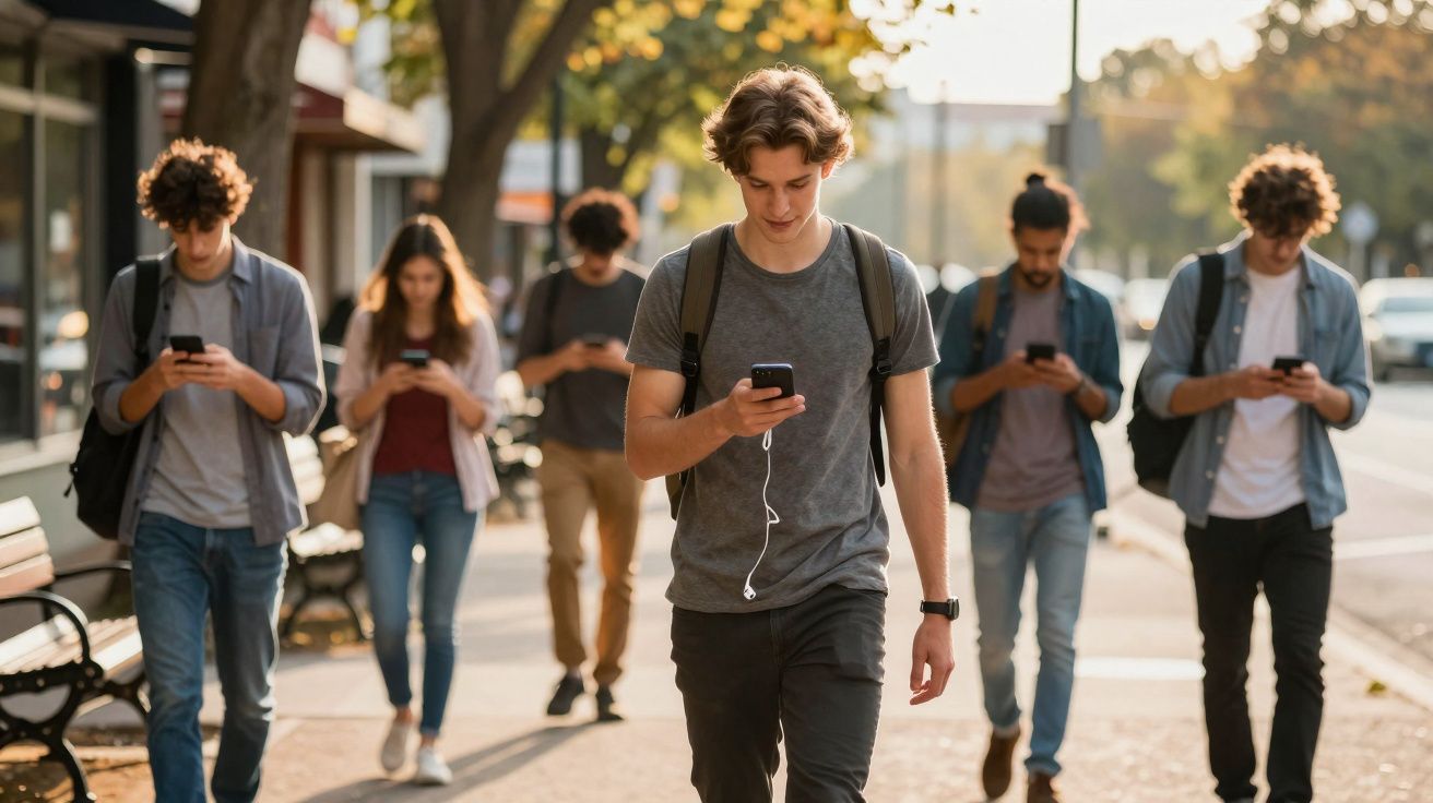 Grupo de jovens a andar na rua, todos concentrados nos telemóveis que têm nas mãos.