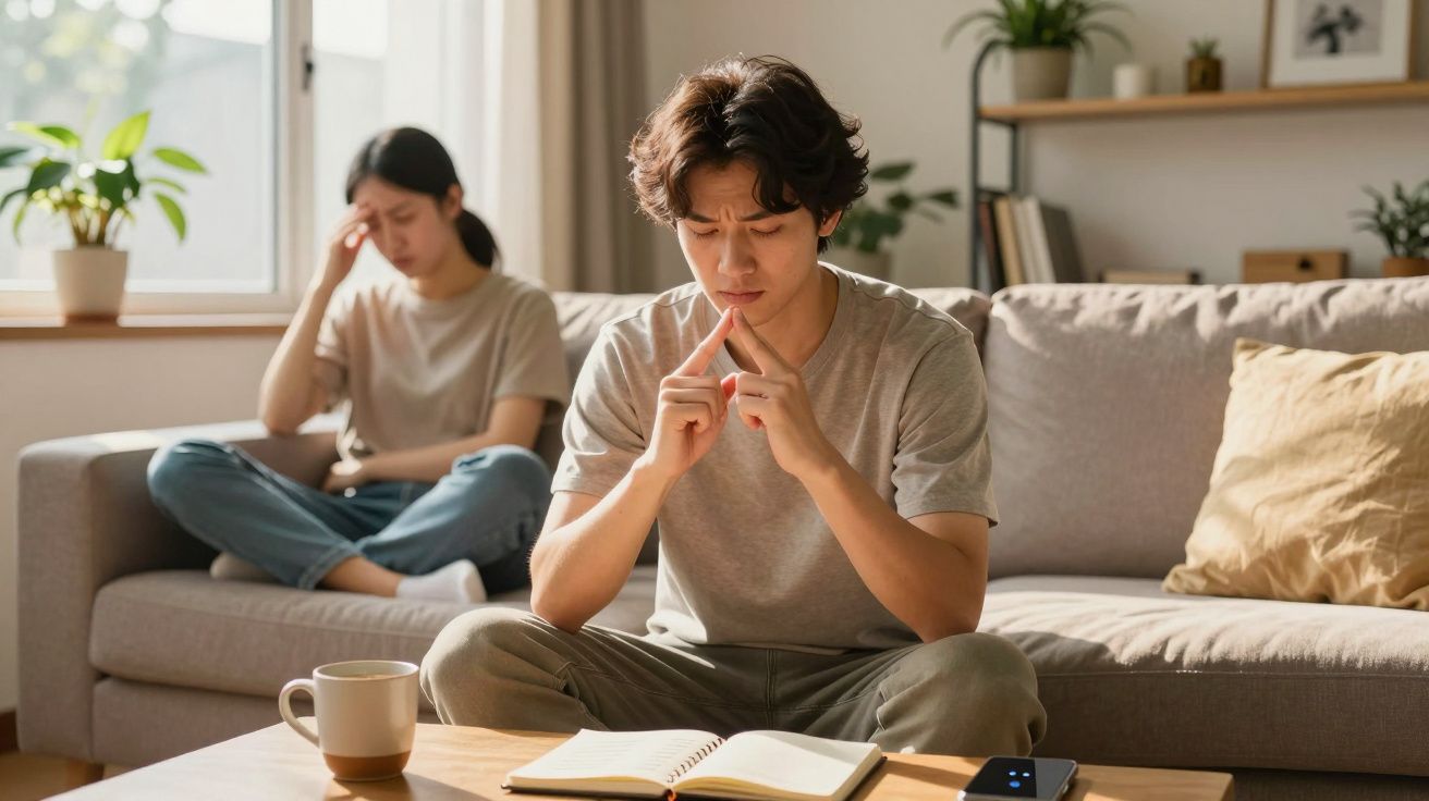 Homem preocupado lendo caderno enquanto mulher senta no sofá com expressão triste.