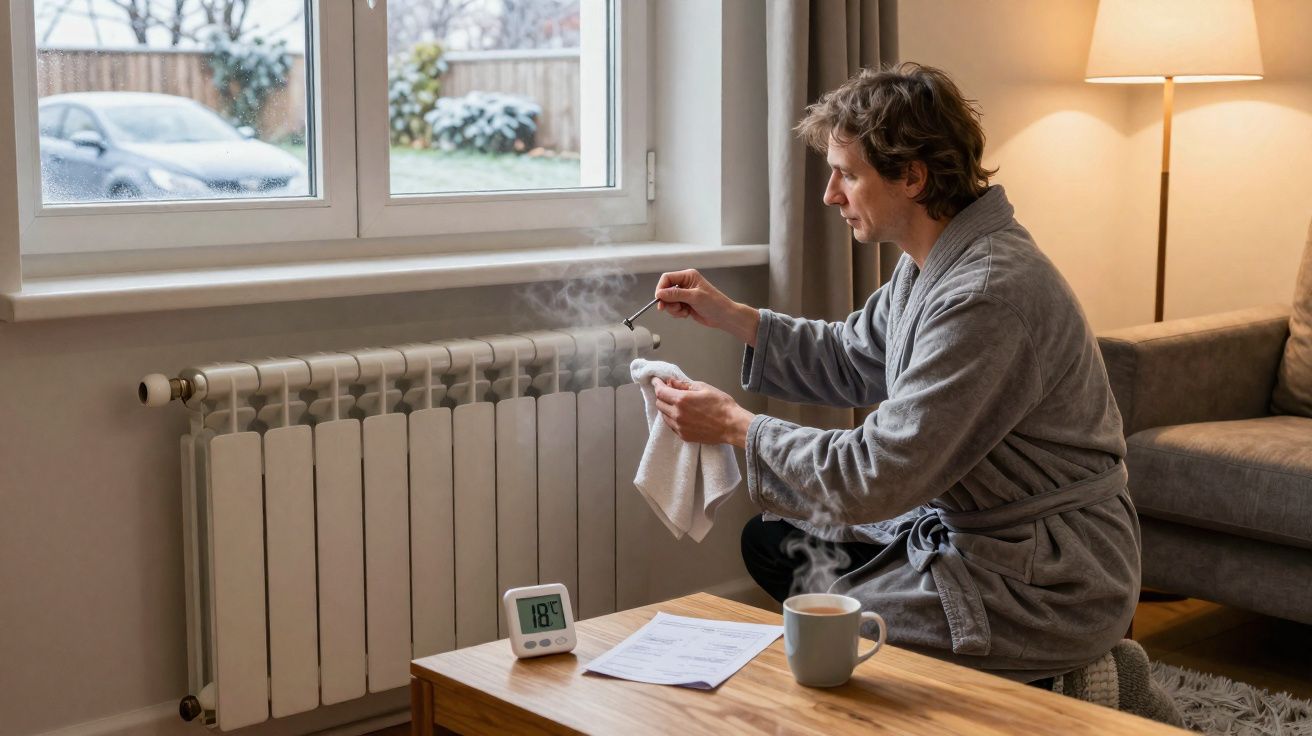 Pessoa numa camisola a limpar calorífero com vapor num ambiente interior acolhedor.