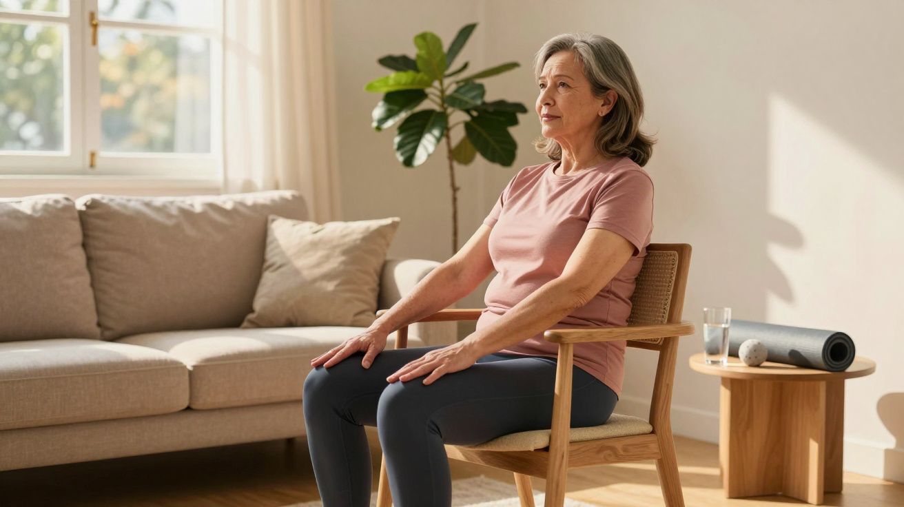 Mulher sénior sentada em cadeira a fazer exercício de alongamento num ambiente luminoso e confortável.