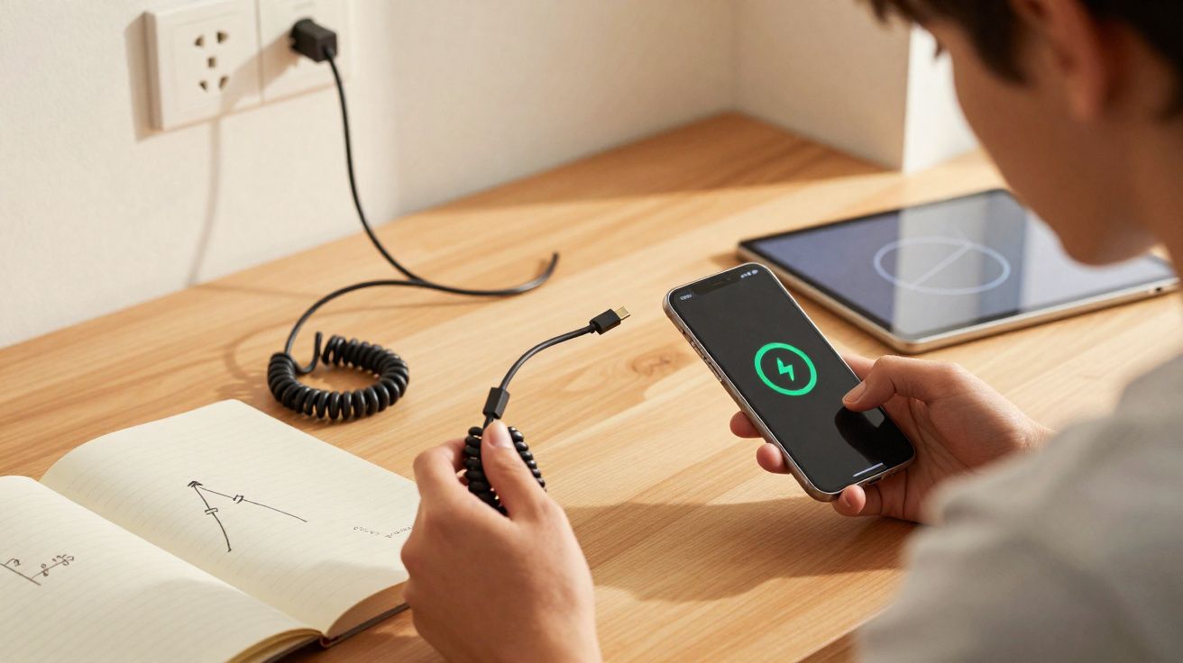 Pessoa a segurar cabo de carregador magnético próximo de smartphone com símbolo de carregamento na ecrã.