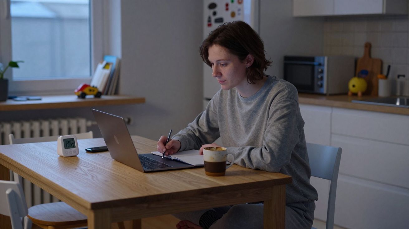 Pessoa sentada à mesa a estudar ou trabalhar no computador portátil com caneca e caderno.