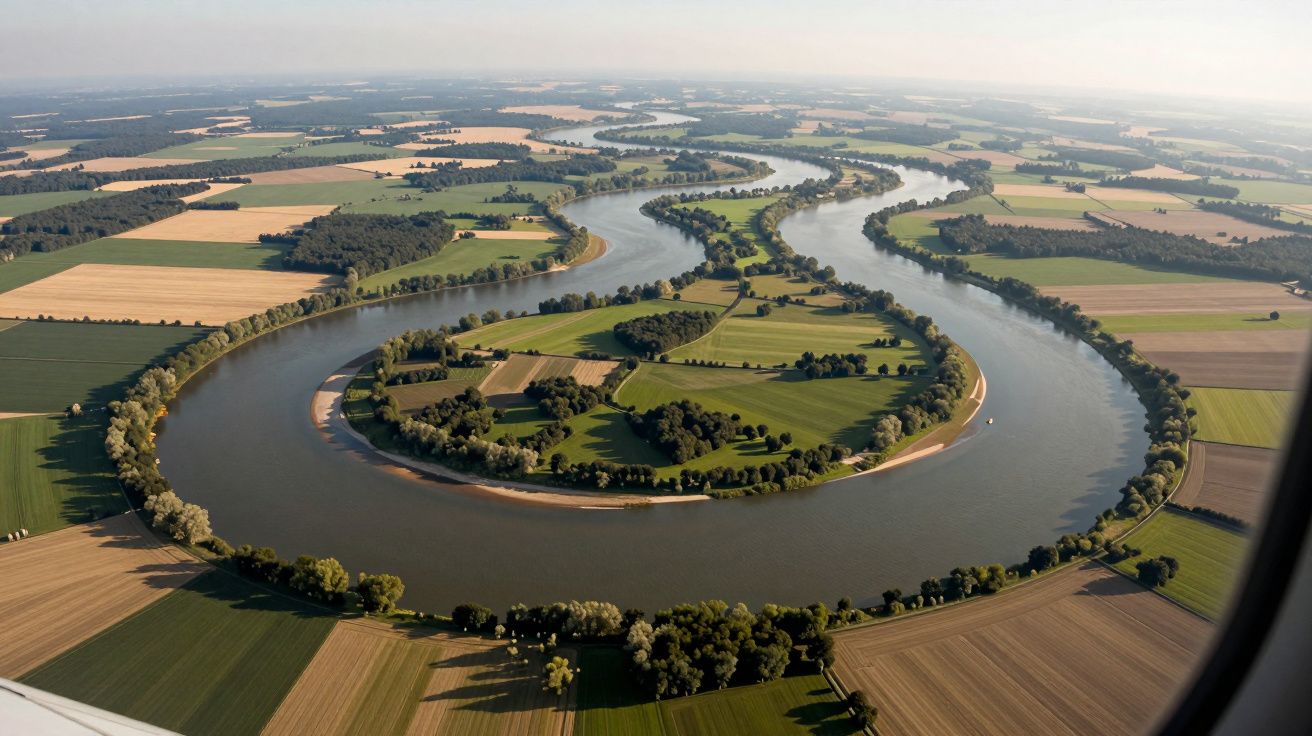 Rio serpenteante rodeado por campos agrícolas e áreas de floresta visto de um avião.