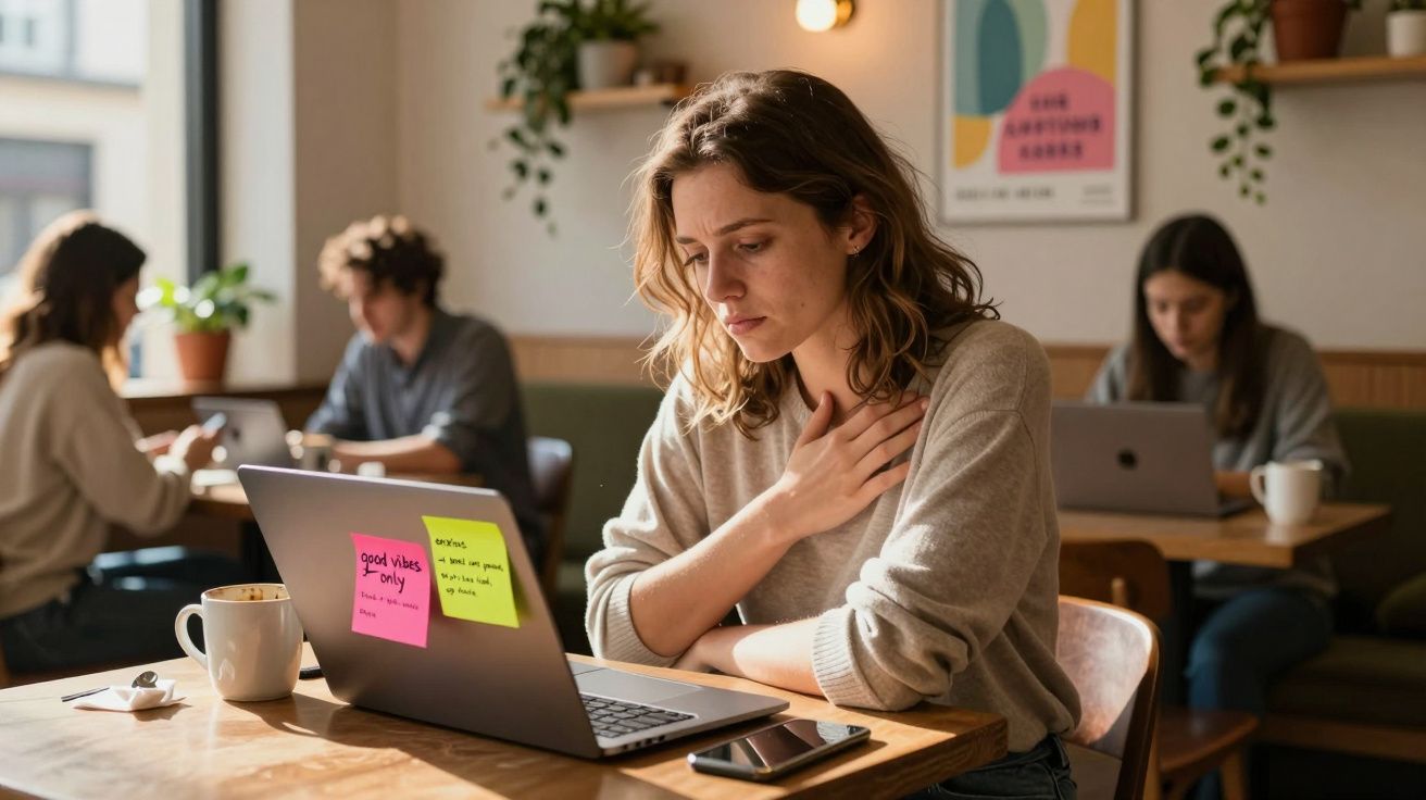 Mulher a trabalhar concentrada num café com computador portátil, chá e telemóvel à frente.