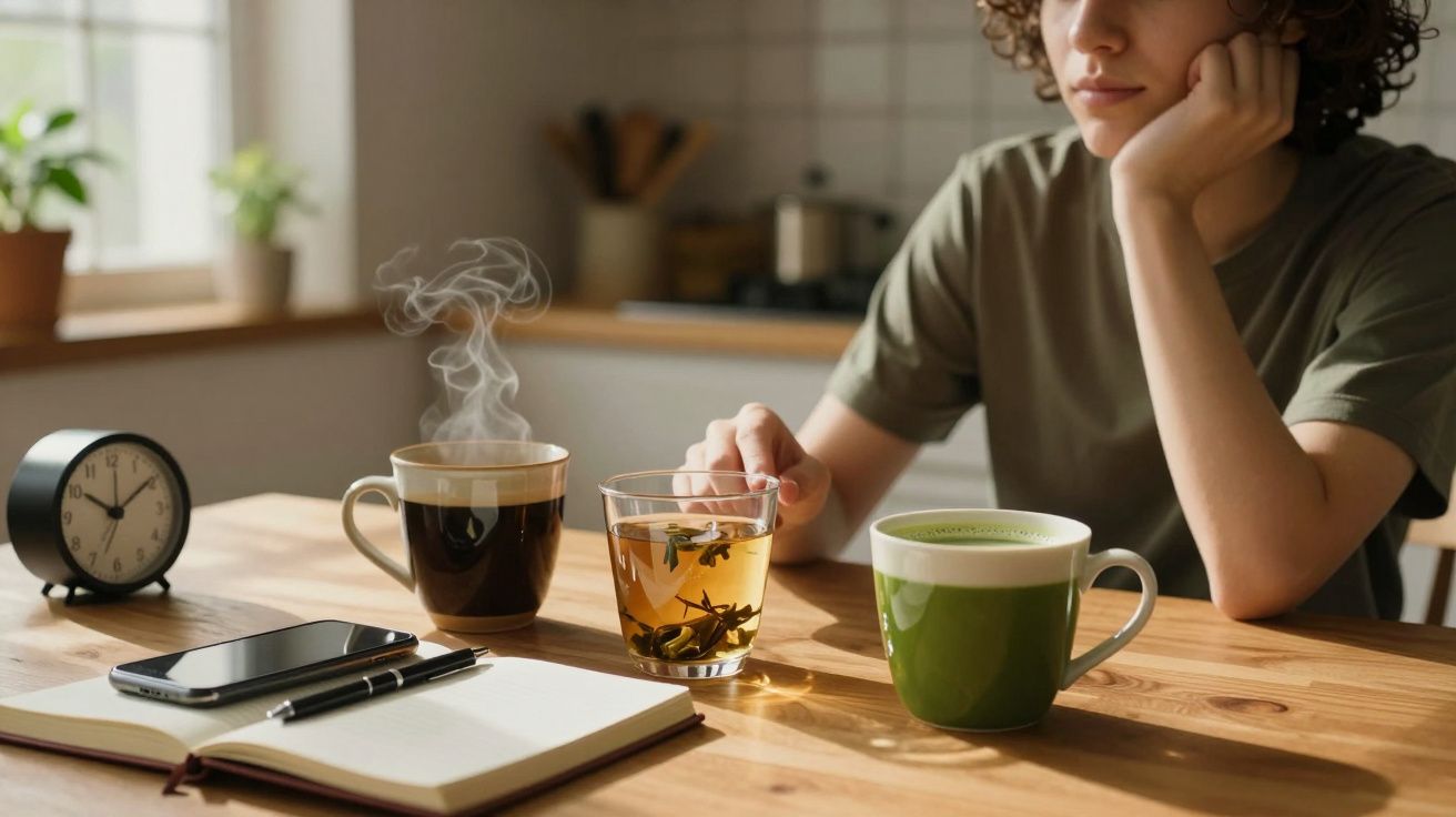 Pessoa sentada numa mesa com três bebidas quentes, relógio, telemóvel e caderno aberto à sua frente.