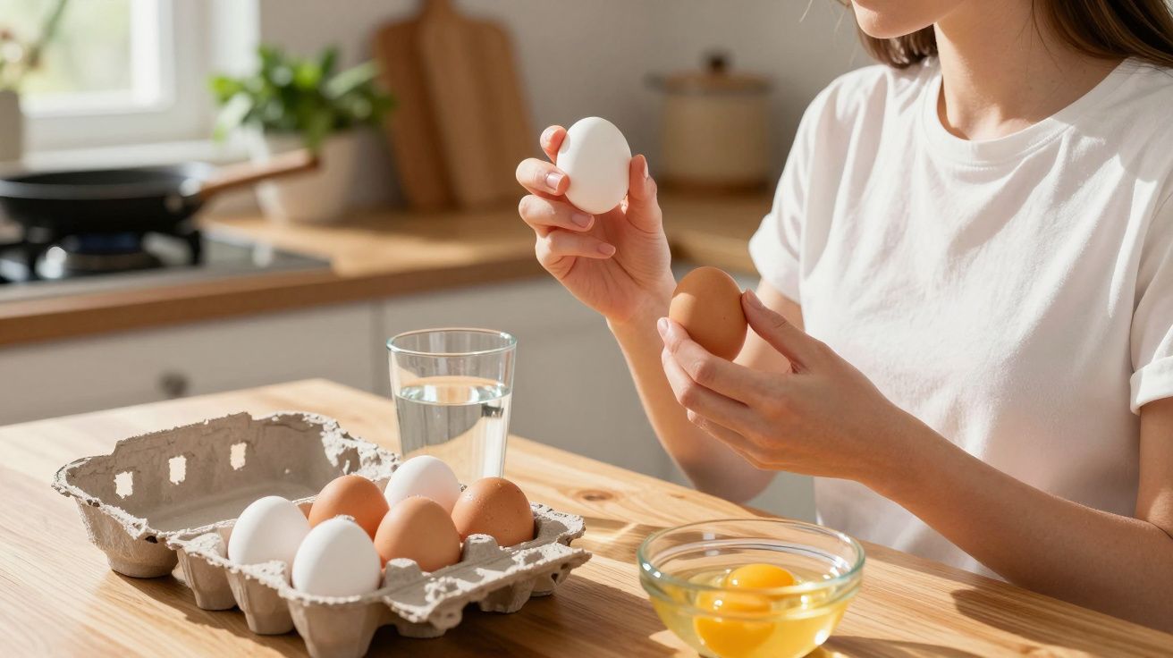 Mulher segura dois ovos, com caixa de ovos, copo de água e tigela com gemas na mesa de cozinha.