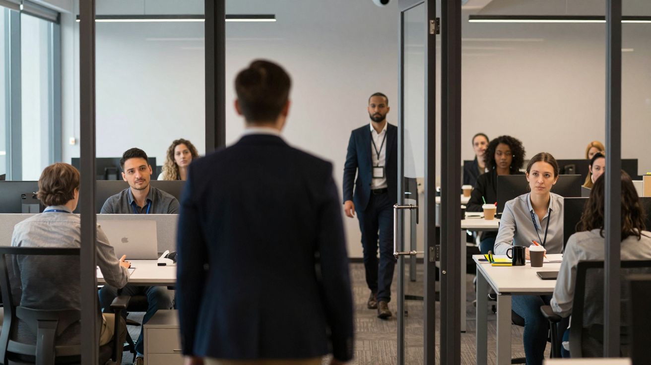 Pessoa de costas entra em sala com várias pessoas sentadas a trabalhar em computadores numa reunião empresarial.