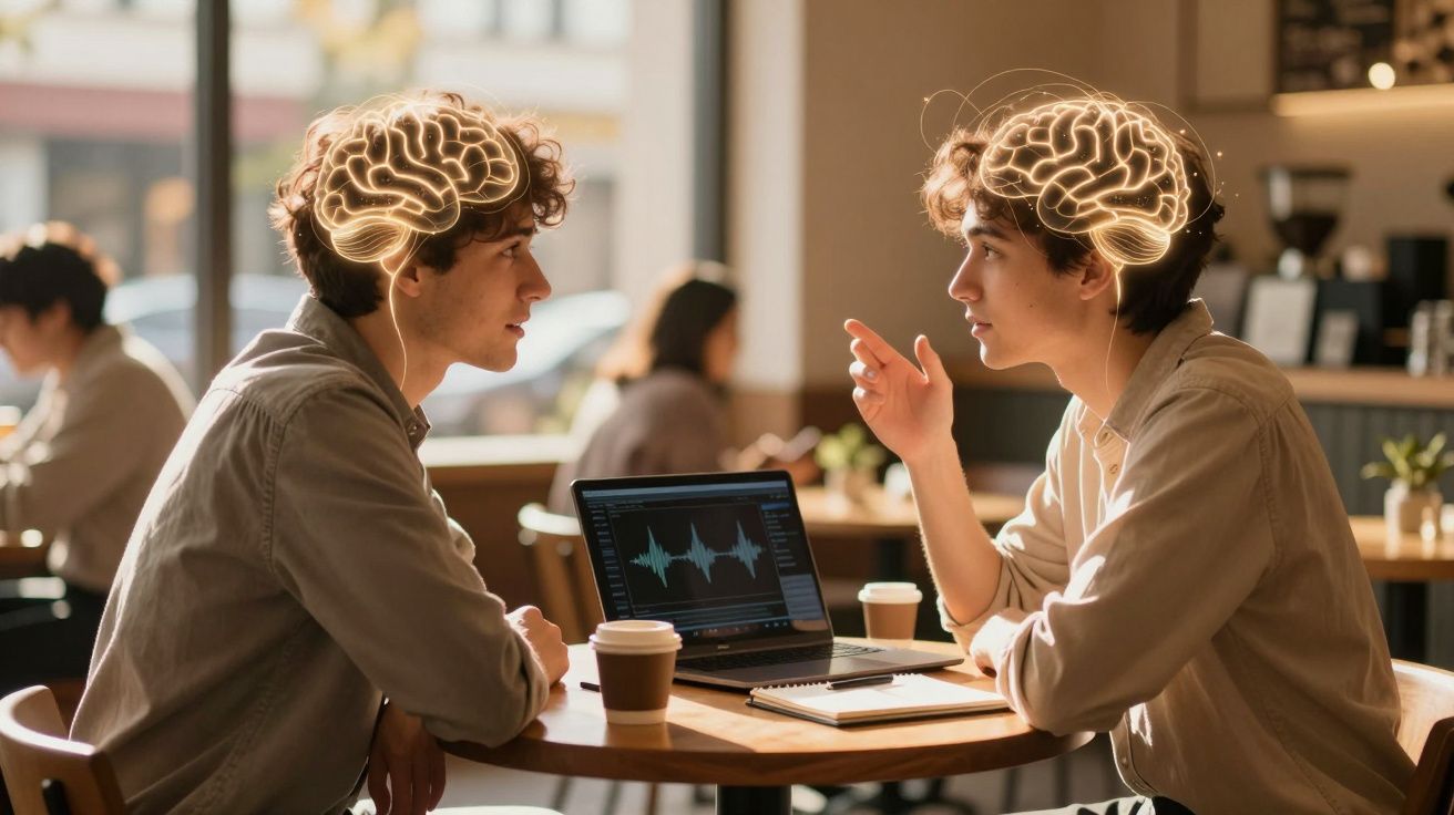 Dois jovens sentados à mesa num café com cérebros iluminados, a discutir com um portátil aberto entre eles.
