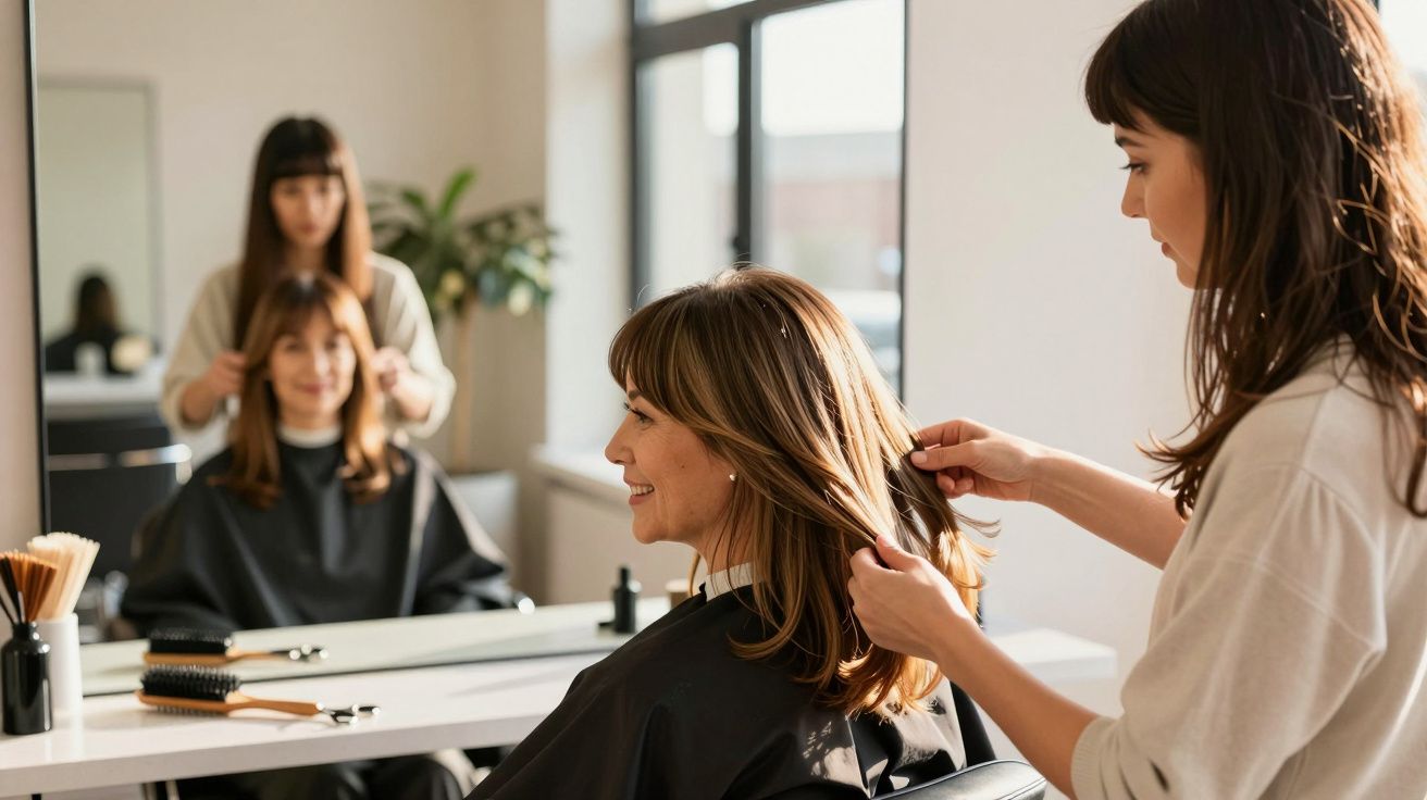 Mulher sorridente a experimentar nova franja num cabeleireiro iluminado com profissional a ajeitar-lhe o cabelo.