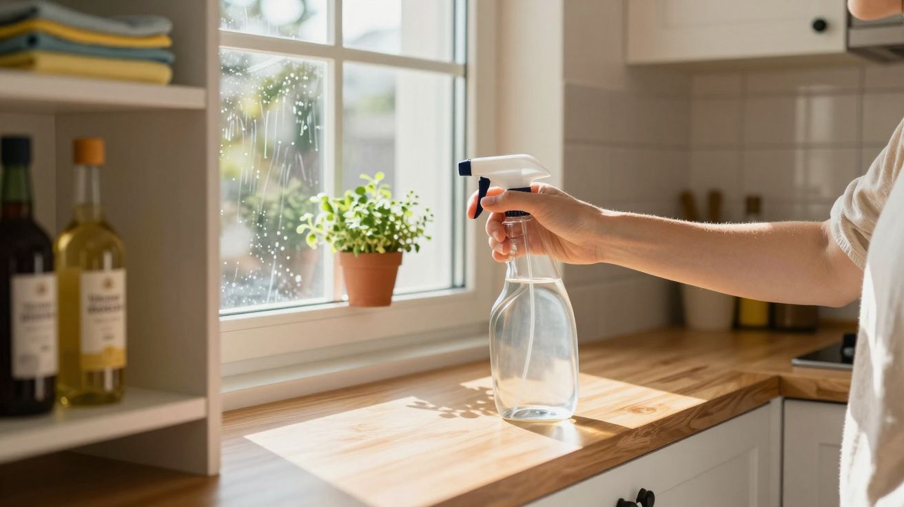 Pessoa a limpar janela da cozinha com pulverizador transparente e planta em vaso no peitoril.