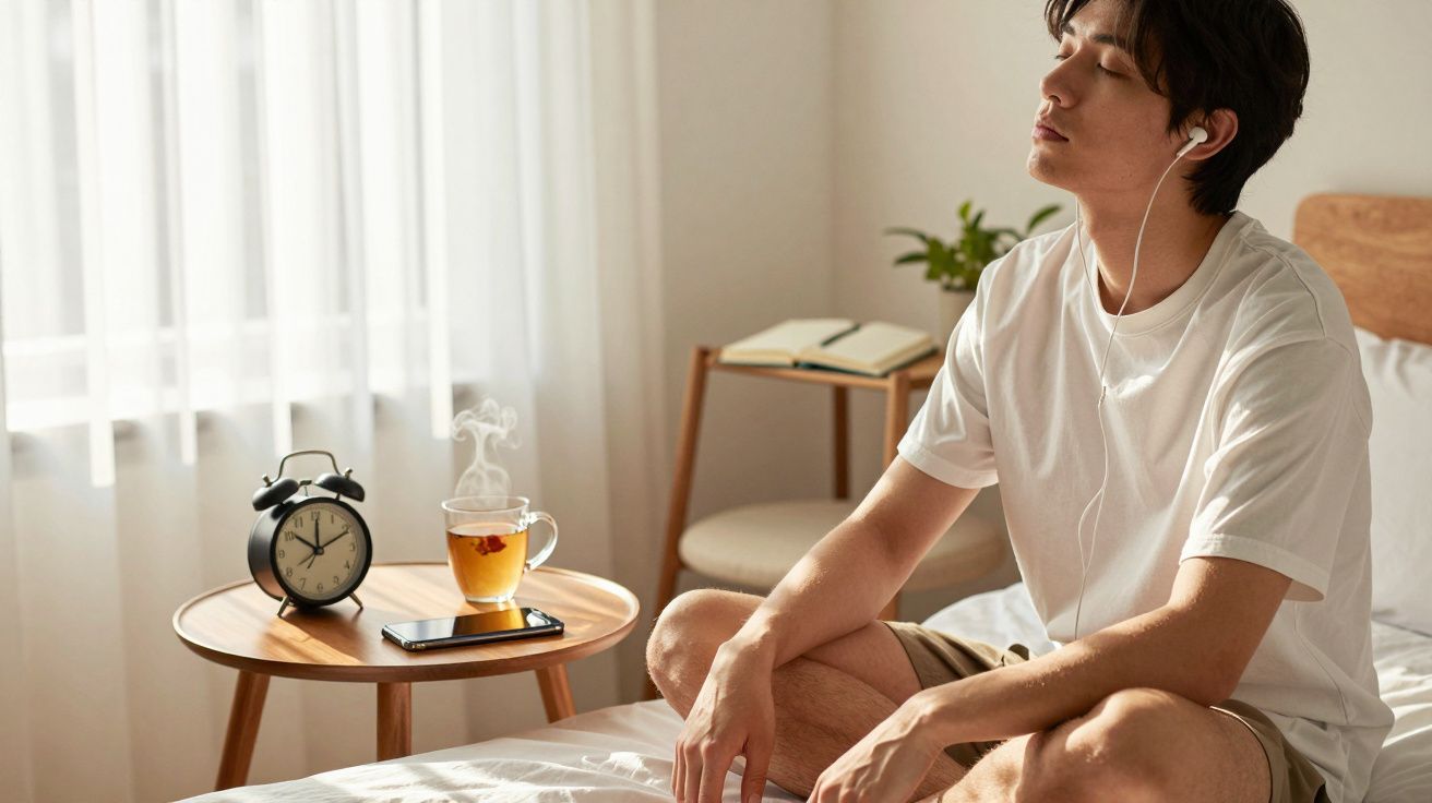 Homem sentado na cama com olhos fechados a ouvir música de auriculares numa manhã iluminada.