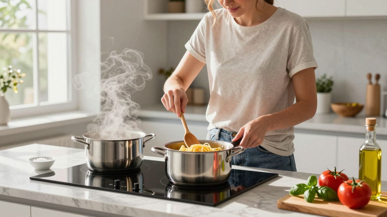 Mulher a cozinhar massa numa cozinha moderna com tachos no fogão e legumes frescos na bancada.